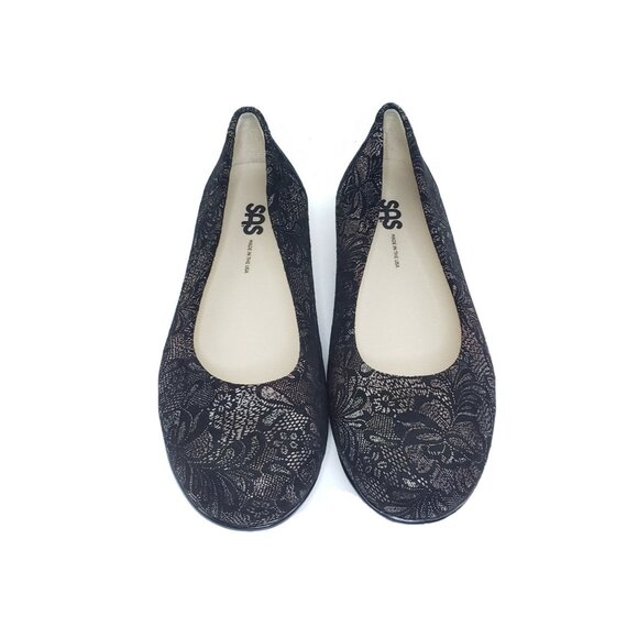 SAS Dream Comfort Flat Black Floral Fabric Round Toe Womens US 7.5 Made in USA - Picture 4 of 9